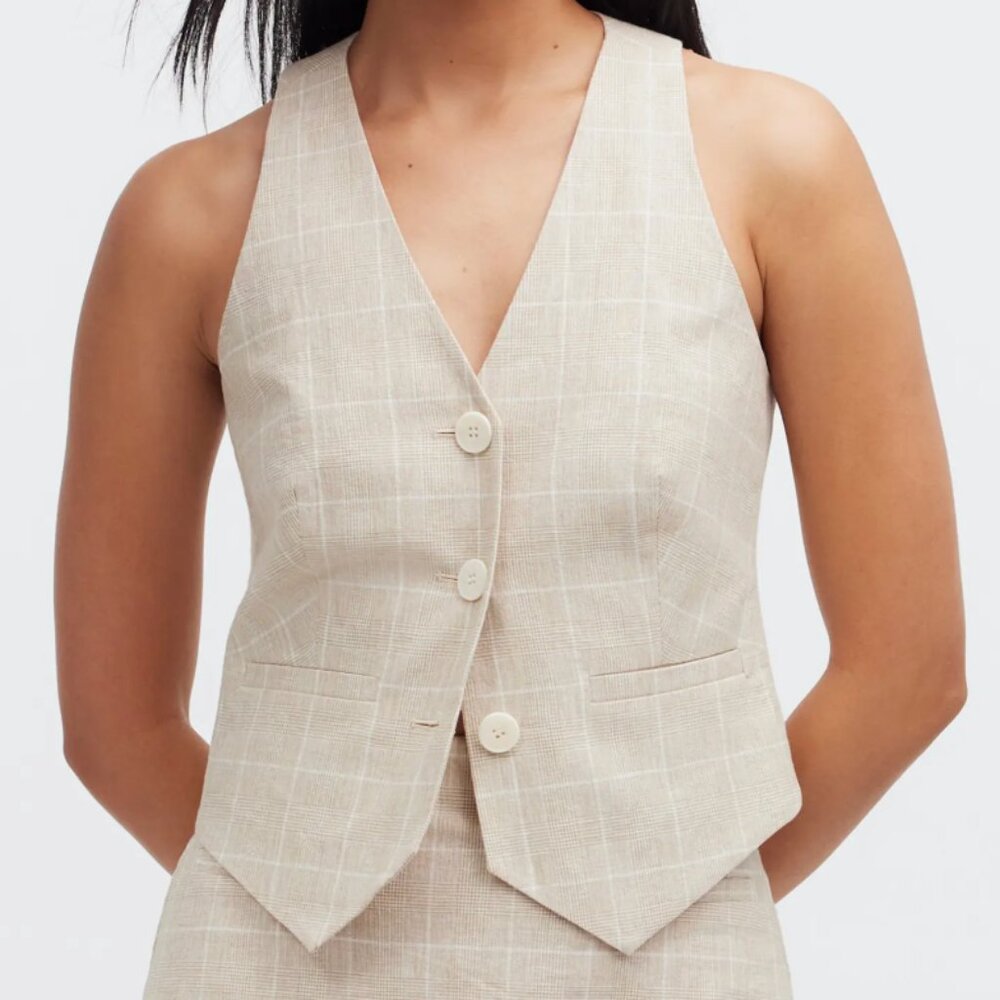 Glen Plaid Linen & Cotton Cutaway Vest Top